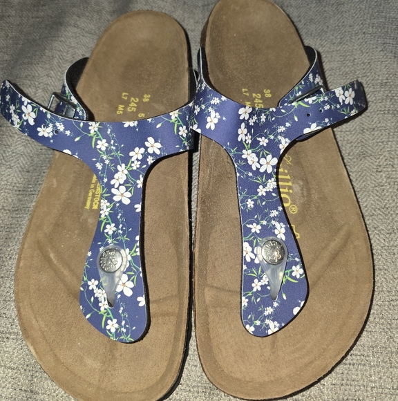 New Birkenstock Papillio Leather Floral Thong  Cork Flip Flops Size 38- 7 W 5 M - Picture 1 of 16